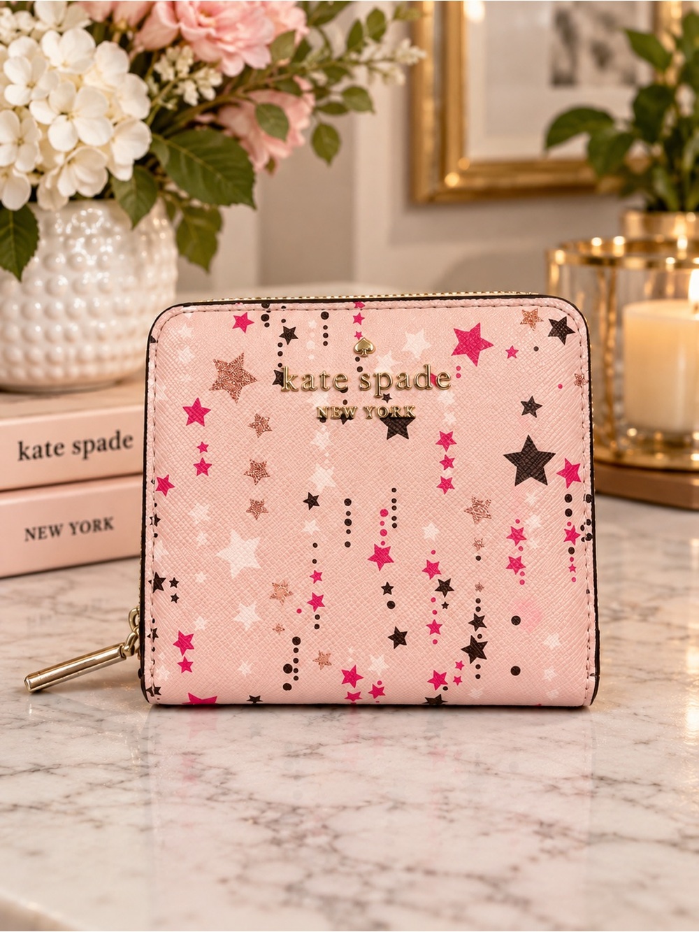 kate spade Pink Star Print Compact Zip Wallet